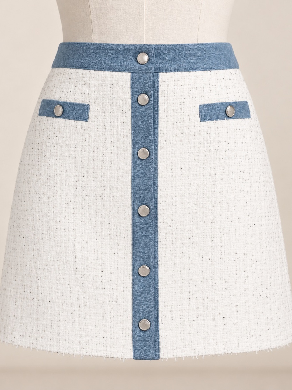Nanette Lepore White Tweed Mini Skirt with Light Blue Denim Trim
